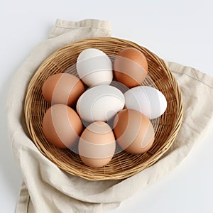 Authentic Larme Kei Style: Fresh White And Brown Eggs In Wicker Basket