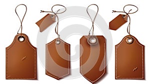 Authentic leather labels on strings isolated on white background. Modern illustration of brown tags made from natural