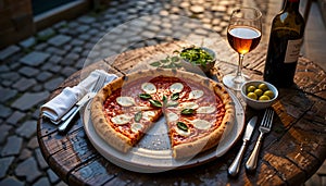 Authentic Margherita Pizza With Wine On Rustic Table