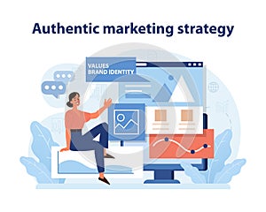 Authentic Marketing Strategy Illustration. A marketer presenting a brand identity chart.