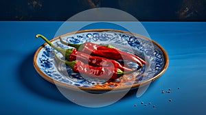 mexican chiles en nogada on blue plate, served on wooden table with rustic charm photo