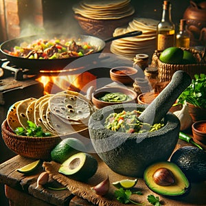 Authentic Mexican Cooking: Tacos and Fresh Guacamole Preparation