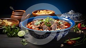 Authentic mexican pozole on blue plate, served on rustic table with minimalist decor photo