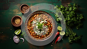 Authentic mexican pozole served on green plate - top view, minimalist setting on antique table photo