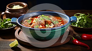 Authentic mexican pozole with traditional garnishes served on blue plate on rustic wooden table photo