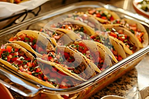 Authentic Mexican Tacos with Fresh Salsa, Cilantro, and Lime in Serving Tray at Buffet