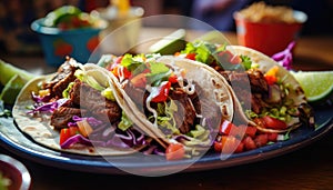 Authentic Mexican Tacos with Grilled Meat and Fresh Vegetables on a Plate, AI Generated