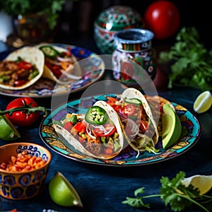 Authentic mexican tacos with guacamole and veggies on vibrant embroidered tablecloth photo