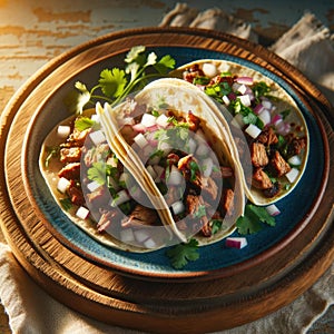 Authentic Mexican Tacos on Rustic Table, AI Generated