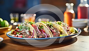 Authentic Mexican Tacos with Savory Beef and Fresh Vegetables on a Plate, AI Generated