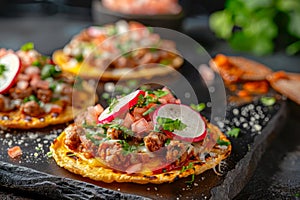 Authentic Mexican Tostadas with Fresh Salsa, Beans, and Shredded Meat on a Dark Rustic Background, Close up View