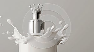 Authentic modern illustration of a milk cosmetics product. A white bottle with a silver dispenser and a milk splash on