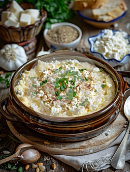Authentic Moldovan mamaliga, a thick cornmeal porridge often served with tangy cottage cheese and sour cream, presented photo