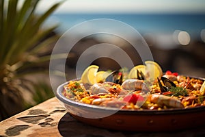 Authentic Paella Amidst Bustling Spanish Marketplace Vibrancy