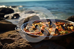 Authentic Paella Amidst Bustling Spanish Marketplace Vibrancy