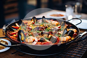 Authentic Paella Amidst Bustling Spanish Marketplace Vibrancy