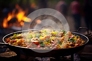 Authentic Paella Amidst Bustling Spanish Marketplace Vibrancy