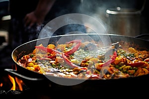 Authentic Paella Amidst Bustling Spanish Marketplace Vibrancy