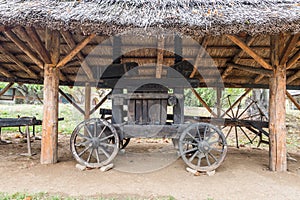 Authentic peasant farm tools from all over Romania in Dimitrie Gusti National Village Museum, an open-air museum located in the photo