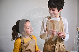 Authentic portrait of adorable kids in beige chef apron, making dumplings at home kitchen