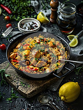 Authentic Spanish paella with seafood, chicken, and saffron rice, cooked in a traditional paella pan. A delicious and