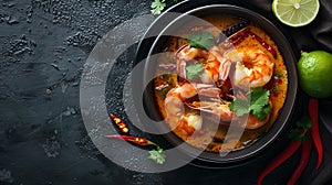 Authentic Spicy Shrimp Soup in a Dark Bowl. Fresh Seafood Dish with Herbs. Asian Cuisine Concept with Copy Space. Top