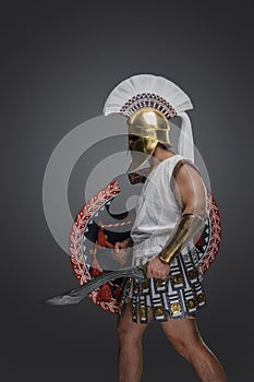 Authentic swordsman from greece isolated on gray background