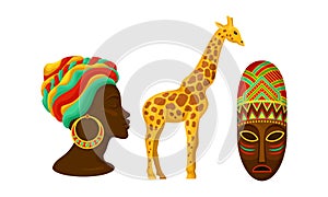 Authentic Symbols of Africa with Ornamental Mask and Woman Head with Turban Vector Set