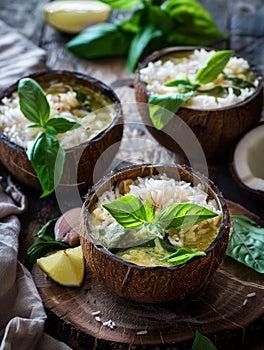 Authentic Thai green curry, served in a hollowed-out coconut shell alongside fluffy jasmine rice and fresh basil leaves