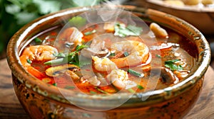 Authentic Thai Tom Yum soup in bowl, featuring prawns, mushrooms, fresh herbs. Aromatic and spicy broth. Concept Asian