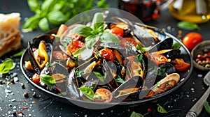 Authentic traditional mediterranean grilled mussels on elegant black plate, classic dish