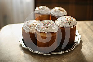 Authentic Traditional Russian Orthodox Easter bread the kulich or pasha, easter cakes topped with sugar glaze