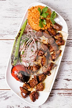 Authentic Turkish Shish Kebab in White Plate
