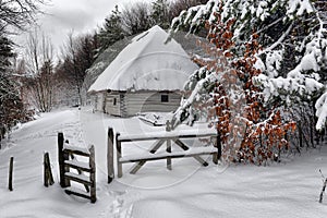 Authentic ukrainian village with wooden huts and fences