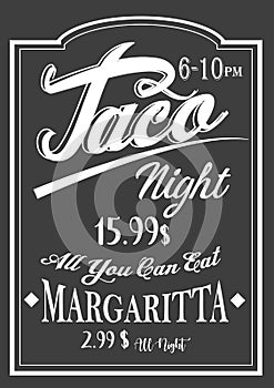 Authentic Vintage Style Taco Night lettering chalkboard design.