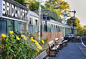 Original green vintage railway carriages,parked at Bridgnorth raiilway station,Shropshire,England,UK