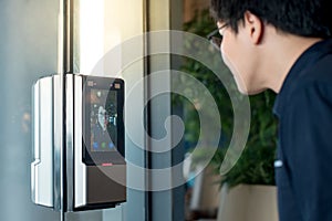 Authentication by facial recognition. Biometric security system