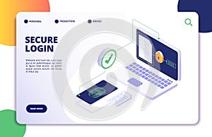 Authentication isometric concept. Password, login authorization fingerprint access. Data safe and protection landing