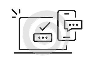 Authentication opt verification password code message on mobile cell phone and laptop pc computer icon simple line stroke thin