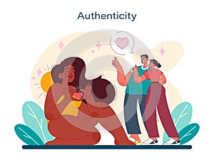Authenticity concept. A heartfelt vector depiction of genuine connection and affection between diverse individuals.