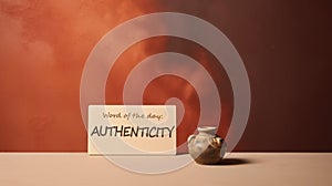 Authenticity and originality concept. Word authenticity written on a paper card, minimalist terracotta background.