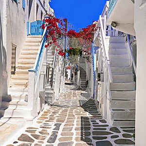 Authetic traditional Greece. streets of Mykonos island