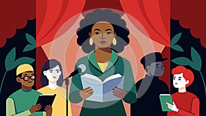An author reading from her book on the stage with a backdrop of posters depicting influential Black leaders and photo