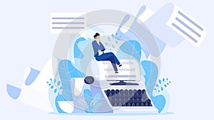 Author writing a book, tiny man sitting on huge typewriter, vector illustration