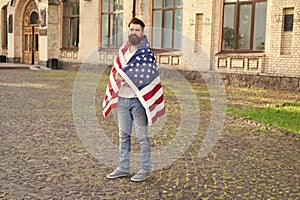 The authorisation. Bearded man getting visa of the united states. Visa applicant wearing usa flag on July 4th. Hipster