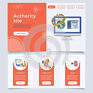 Authority site flat landing page website template. Chargeback, commission, niche. Web banner with header, content and