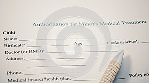 Authorization for Minor& x27;s medical Treatment print form. Child Name, Birthdate, age and other