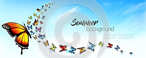 Autiful Abstract Summer nature background with Colorful Butterflies and Blue Sky with White Clouds.