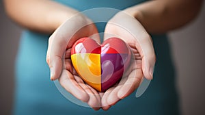 Autism awareness - childs hands holding puzzle heart in support of autism spectrum