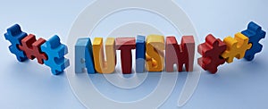 Autism awareness concept with puzzle and word autism on blue background.